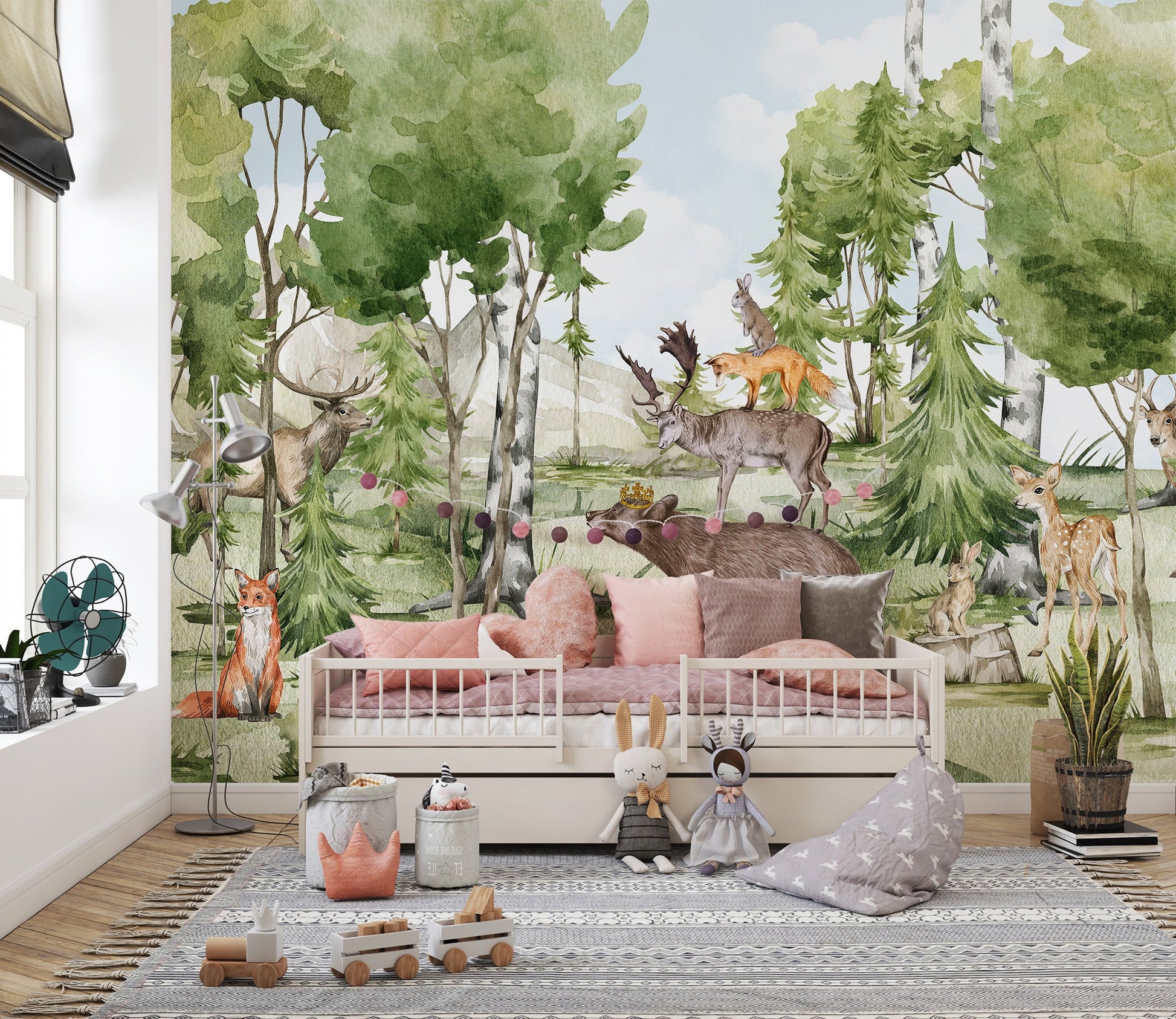 Artistic forest panorama wall mural with bear fox and deer.
