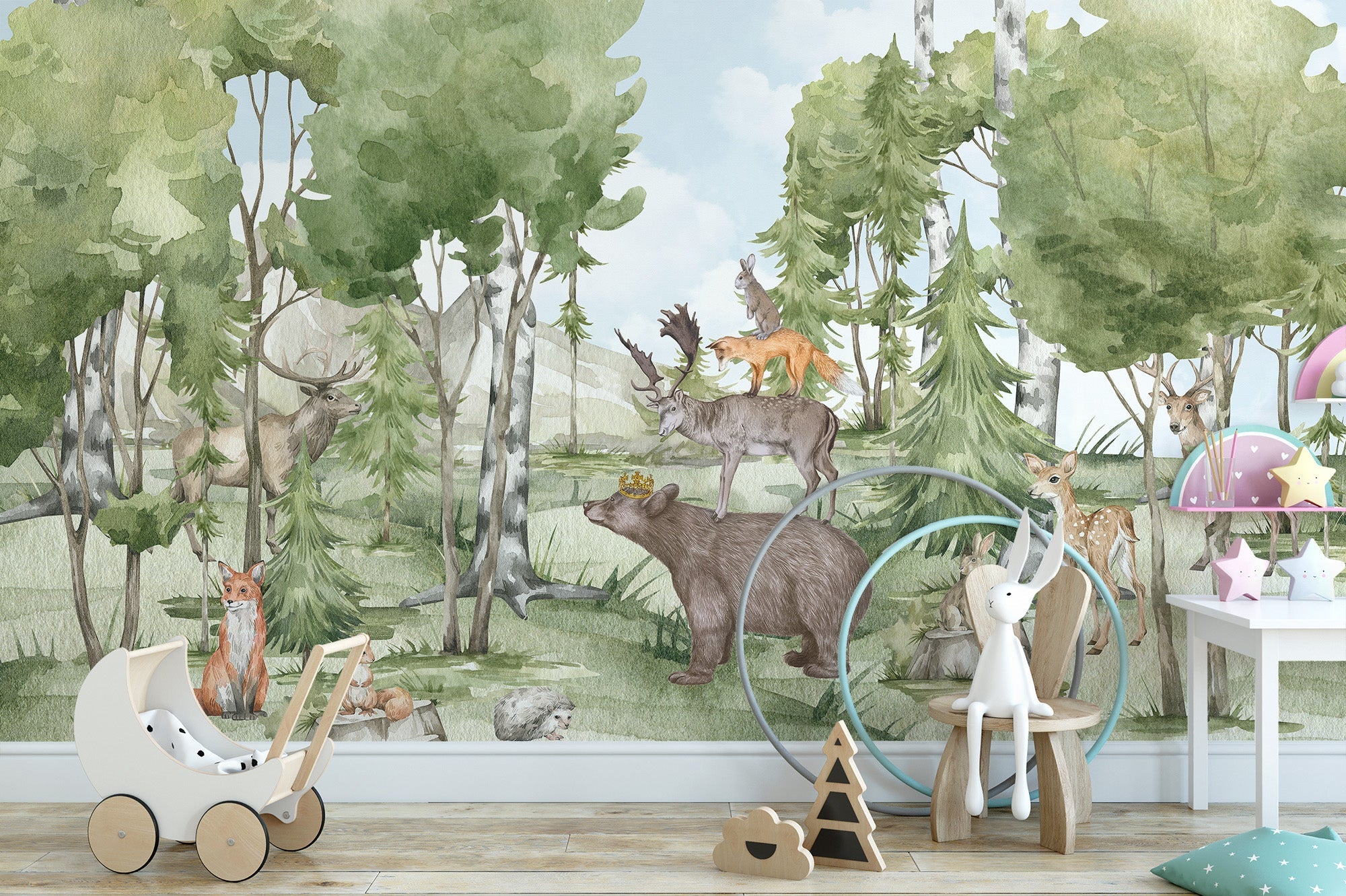 Serene forest fauna panorama wall mural with woodland animals.