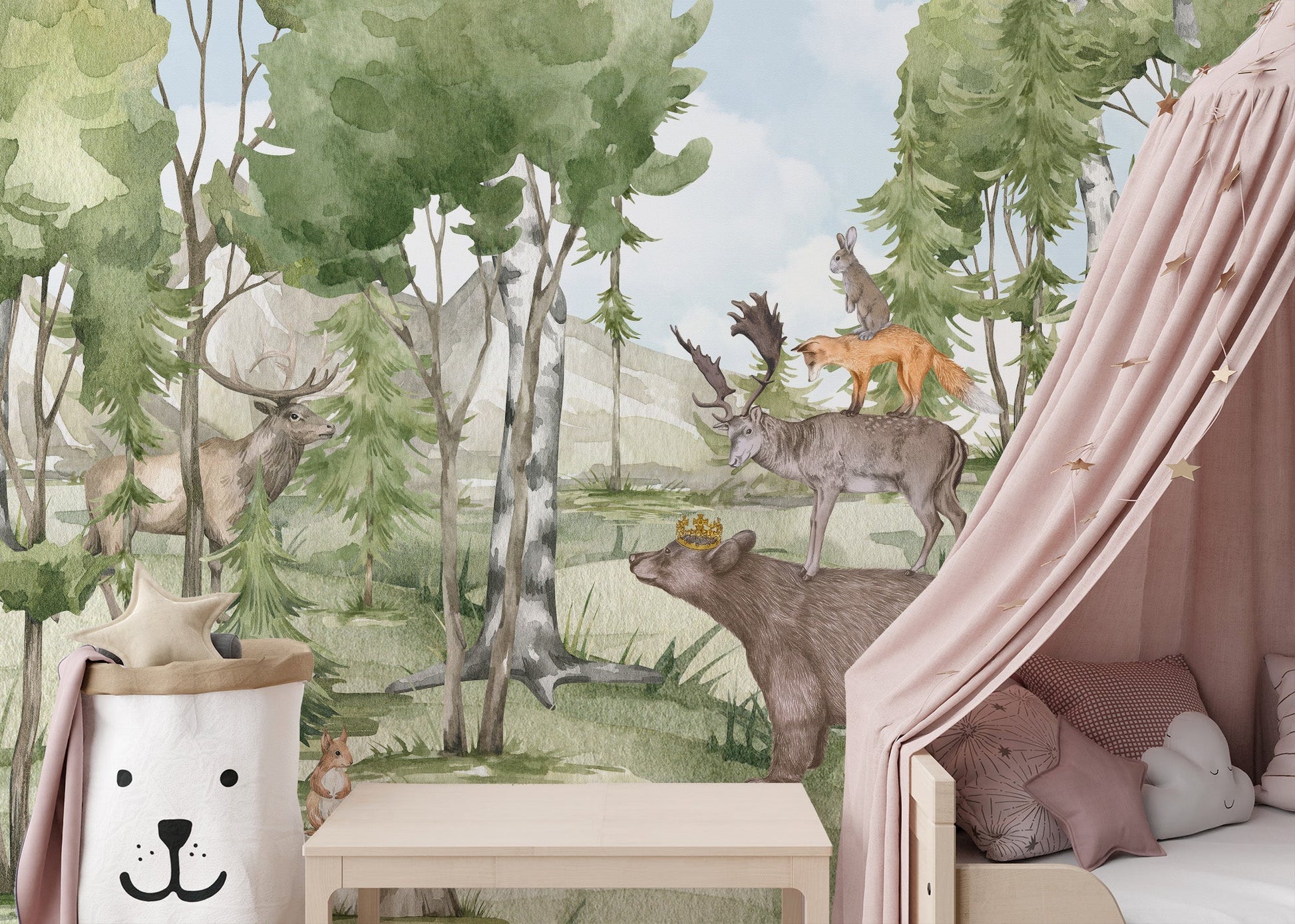 Scandinavian style forest fauna wall mural with trees and wildlife.