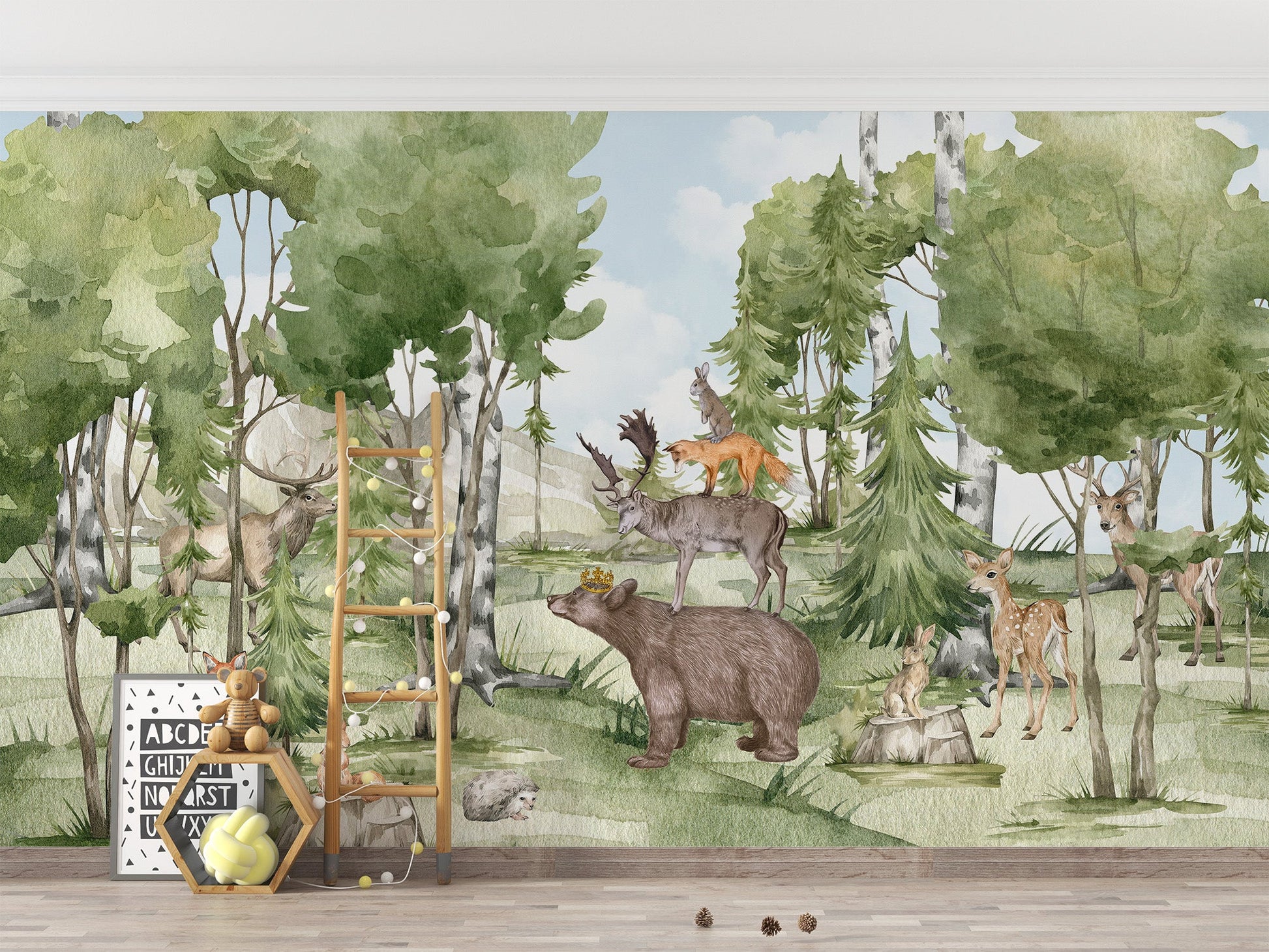 Soft watercolor forest wall mural with detailed animal figures.