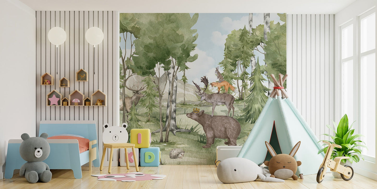 Forest wildlife wall mural featuring bear deer and fox illustration.