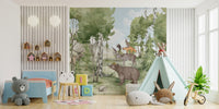 Forest wildlife wall mural featuring bear deer and fox illustration.