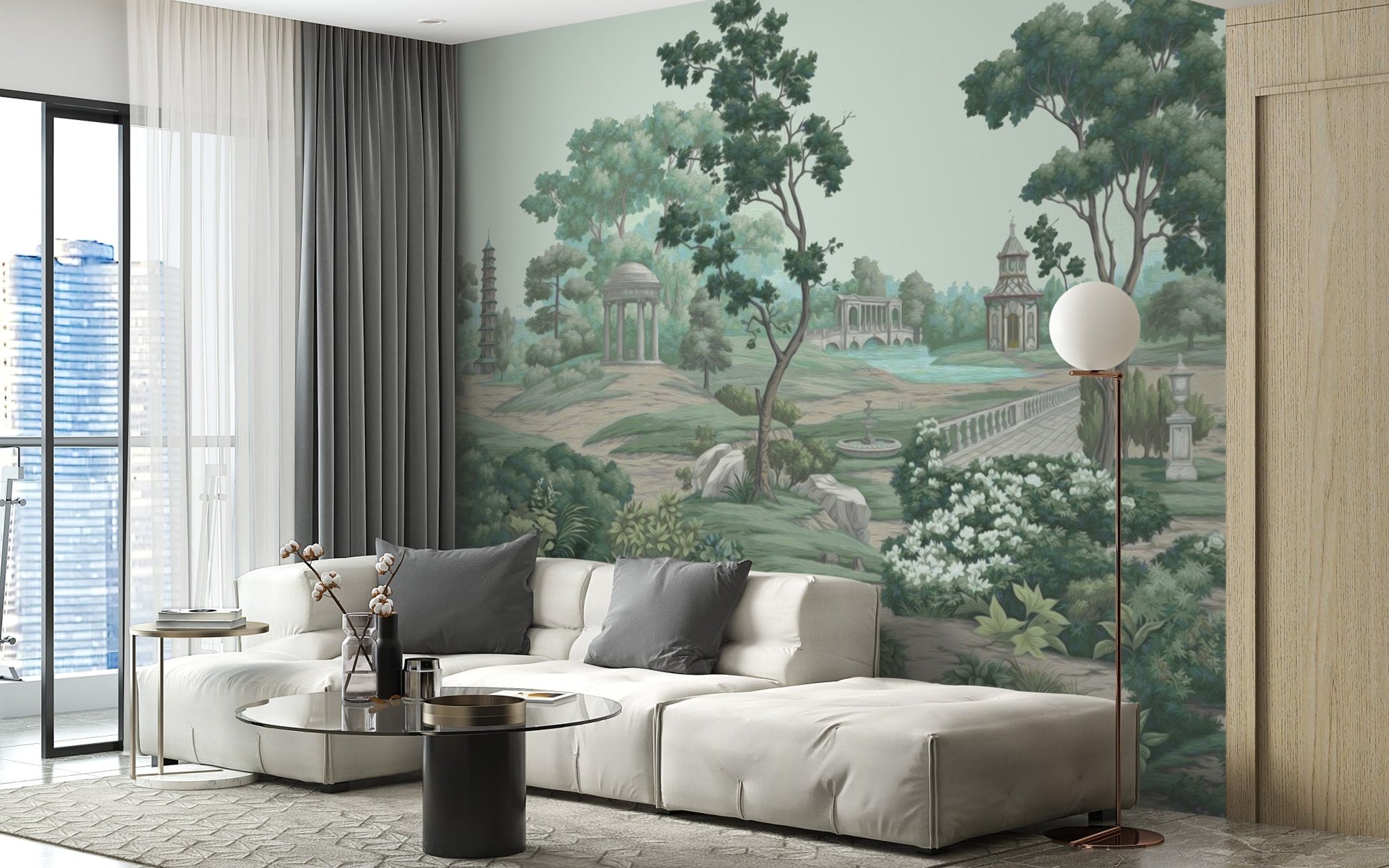 Pastel greenery wallpaper wall mural with classic architecture.