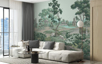 Pastel greenery wallpaper wall mural with classic architecture.