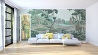 Traditional garden illustration wallpaper wall mural in soft tones.