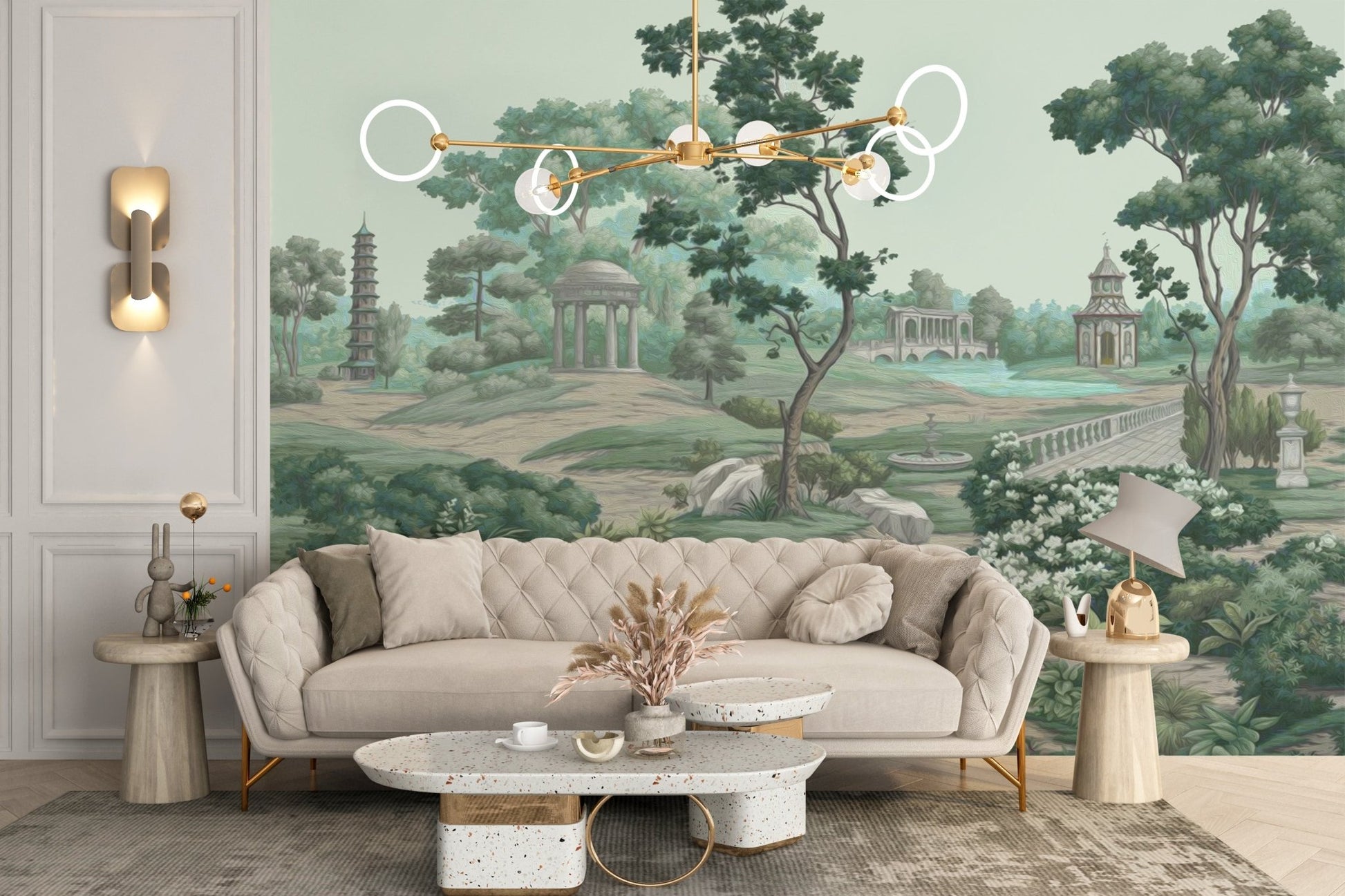 Serene garden wall mural wallpaper with soft green landscape design.