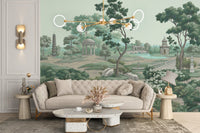 Serene garden wall mural wallpaper with soft green landscape design.