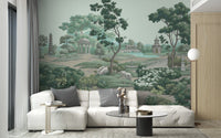 Serene garden wall mural wallpaper featuring calm scenic artwork.