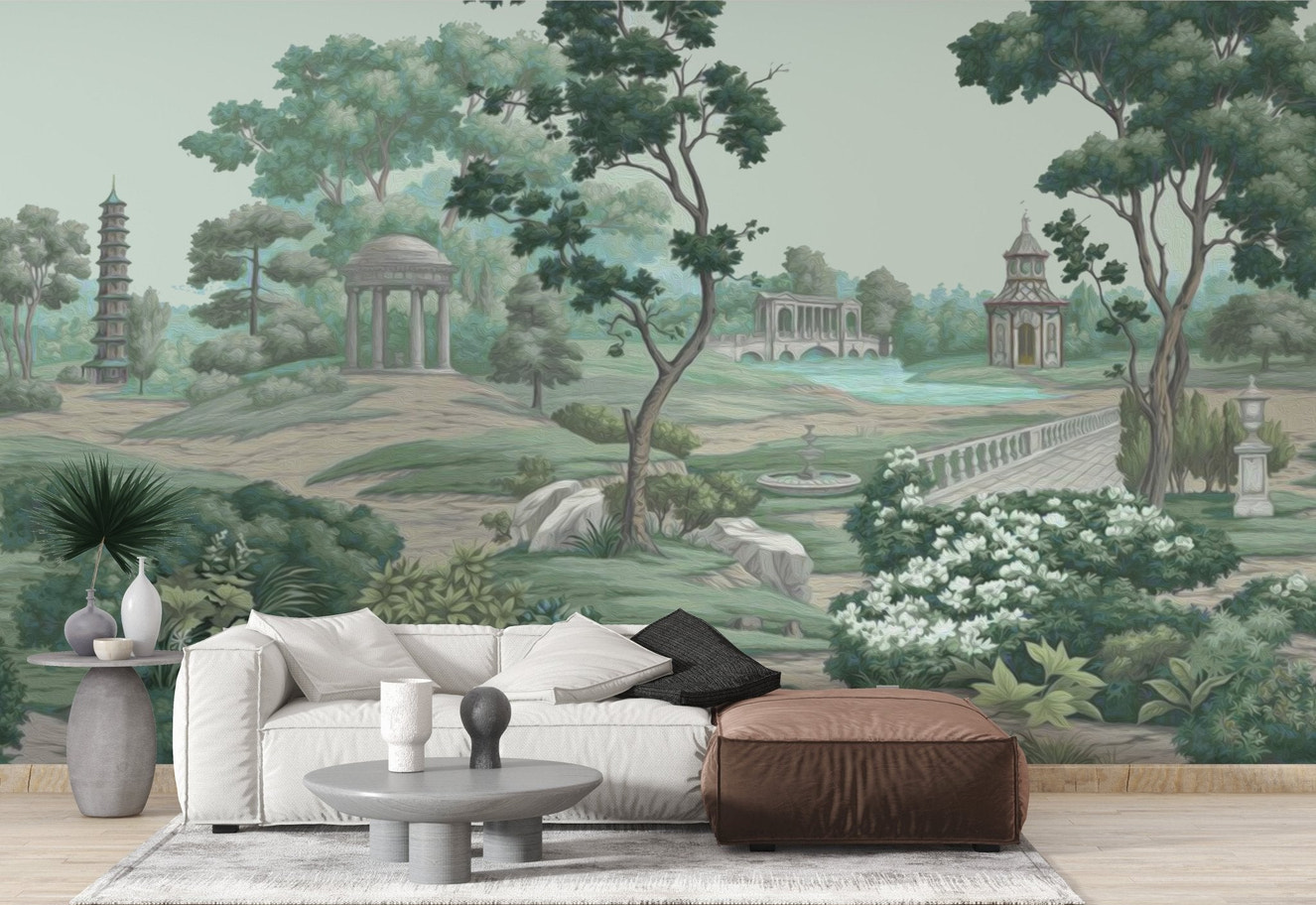 Botanical landscape wall mural wallpaper in muted sage color.