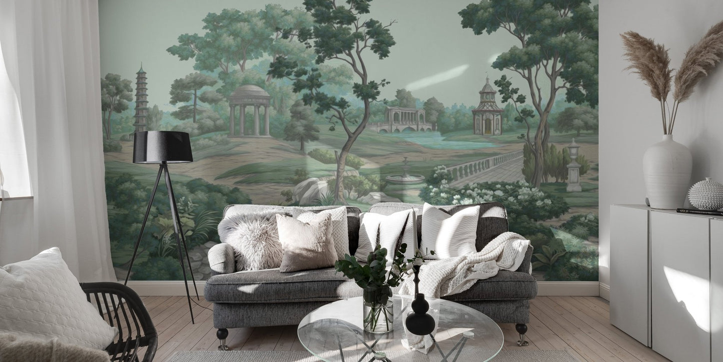 Classic European style garden wallpaper wall mural in sage palette.