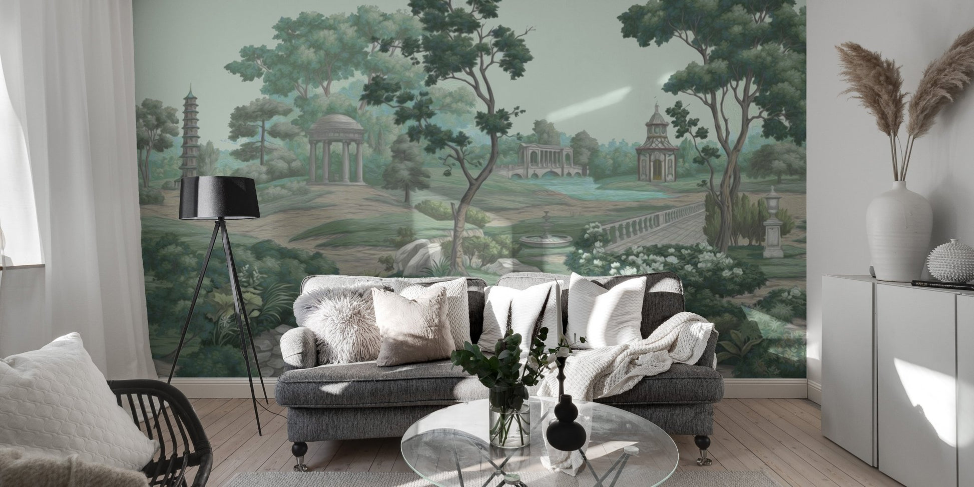 Classic European style garden wallpaper wall mural in sage palette.
