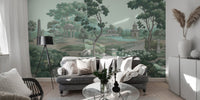 Classic European style garden wallpaper wall mural in sage palette.