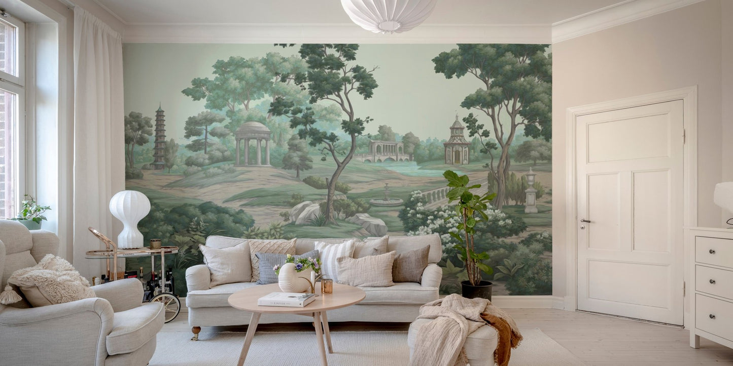 Scenic botanical wallpaper wall mural with pagoda elements.