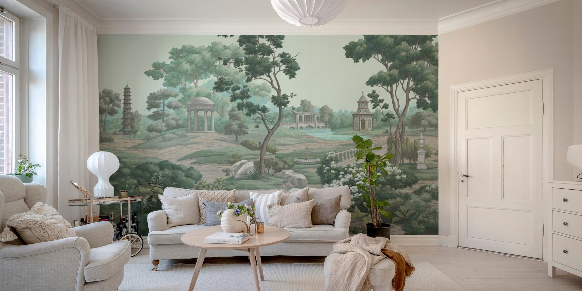 Scenic botanical wallpaper wall mural with pagoda elements.