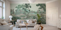 Scenic botanical wallpaper wall mural with pagoda elements.