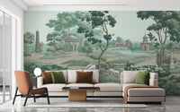 Vintage garden scene wallpaper wall mural with trees and pavilions.