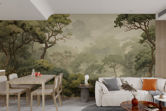 Vintage nature serene wallpaper showing a layered woodland scene.