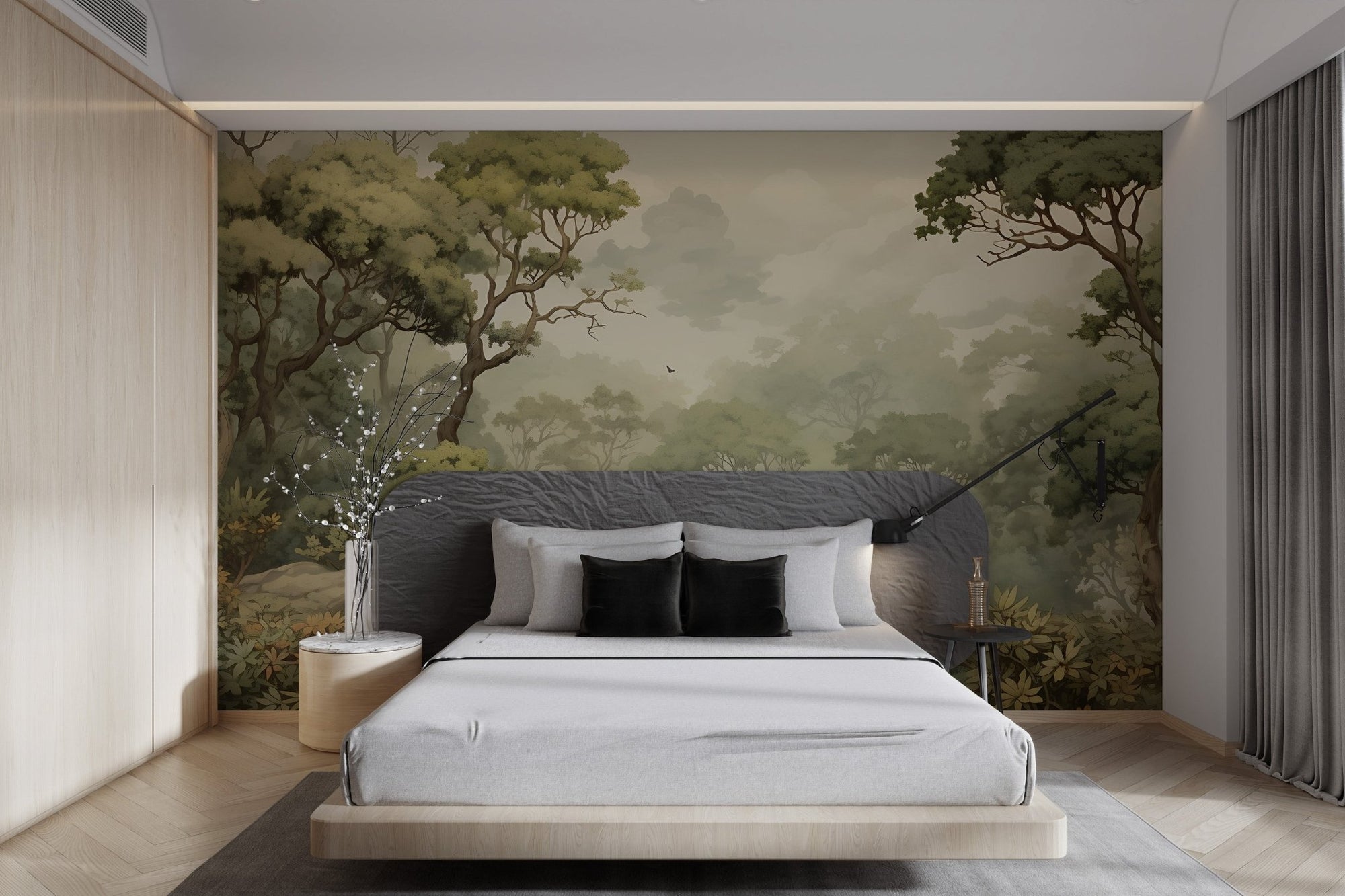 Serene japanese forest wallpaper with vintage green trees and mist.