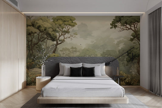 Serene japanese forest wallpaper with vintage green trees and mist.