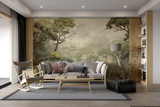 Hand-drawn style forest wall mural in muted earthy tones.