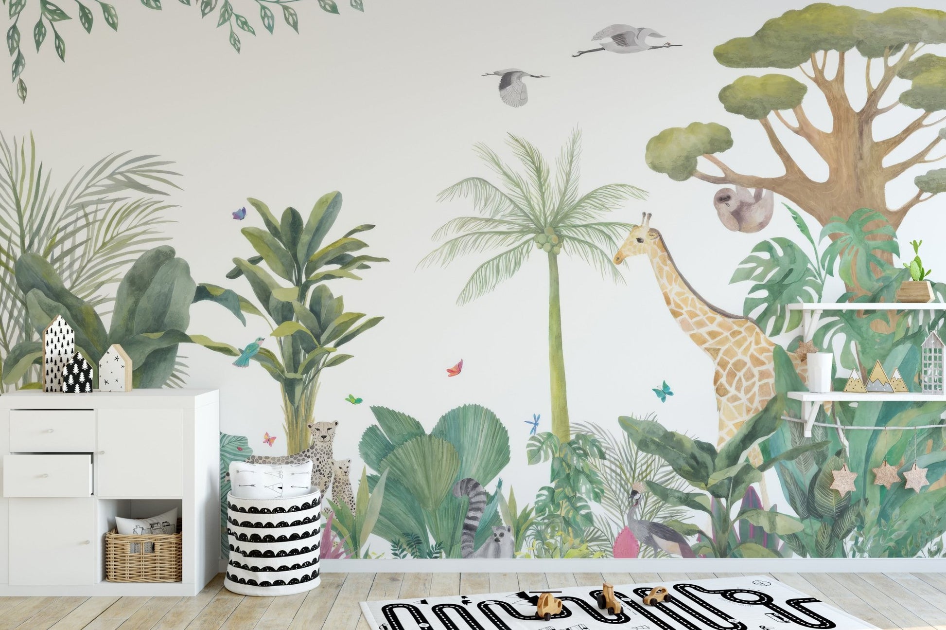 Pastel jungle wildlife wallpaper mural with safari animals.