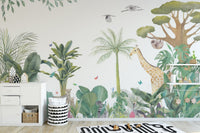 Pastel jungle wildlife wallpaper mural with safari animals.