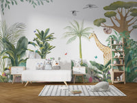 Modern jungle wildlife wall mural with botanical detailing.