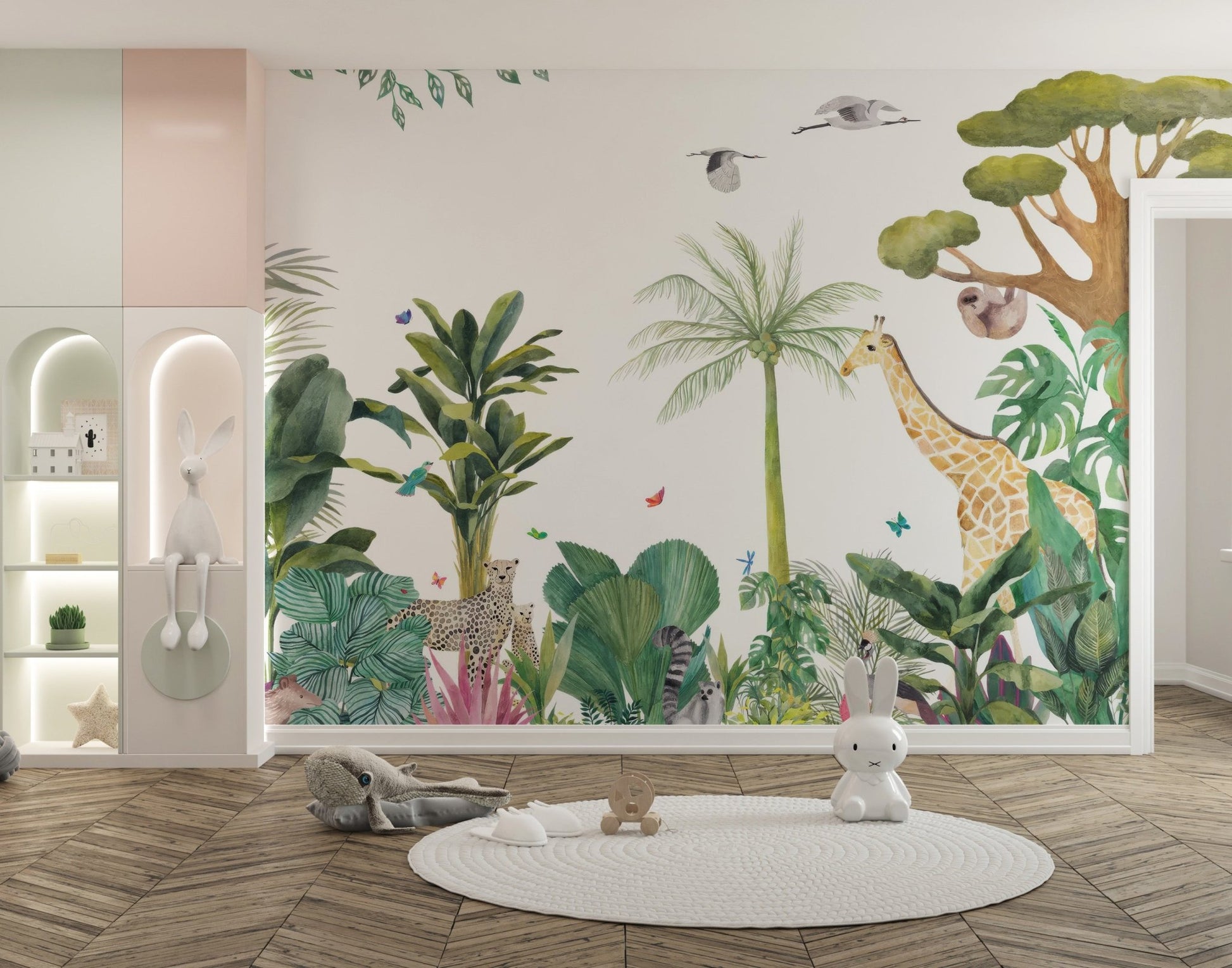Tropical jungle wallpaper mural with giraffe and leafy plants.
