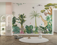 Tropical jungle wallpaper mural with giraffe and leafy plants.
