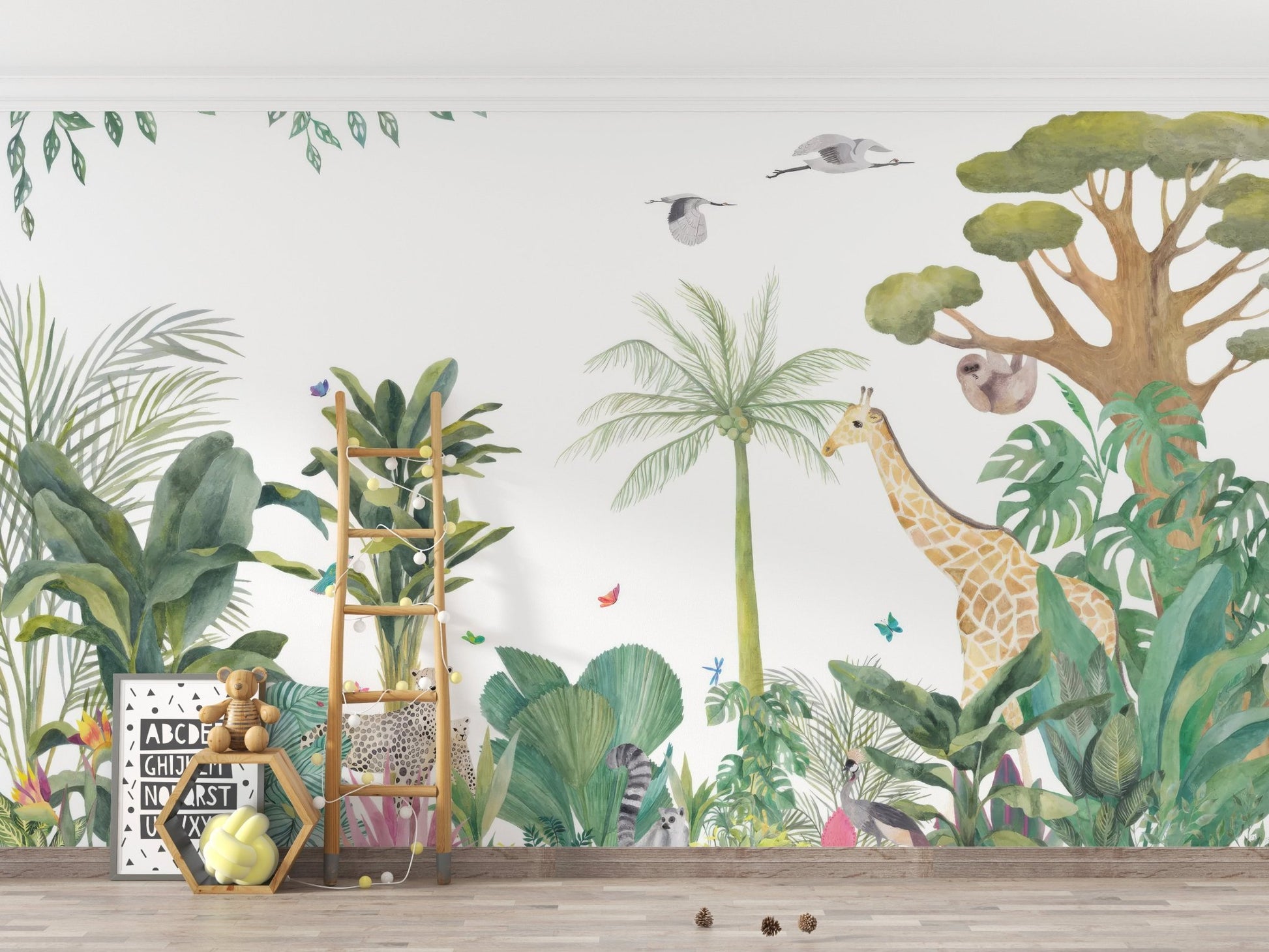 Jungle safari wallpaper mural with layered greenery design.