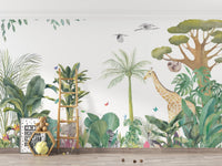 Jungle safari wallpaper mural with layered greenery design.