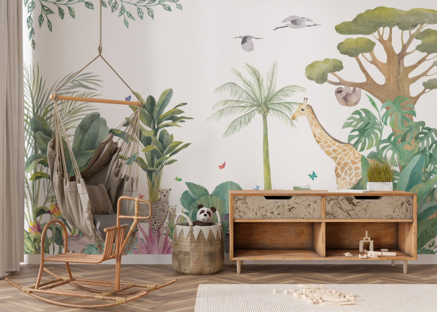 Serene jungle wildlife wallpaper mural with giraffe and tropical leaves.