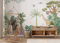 Serene jungle wildlife wallpaper mural with giraffe and tropical leaves.