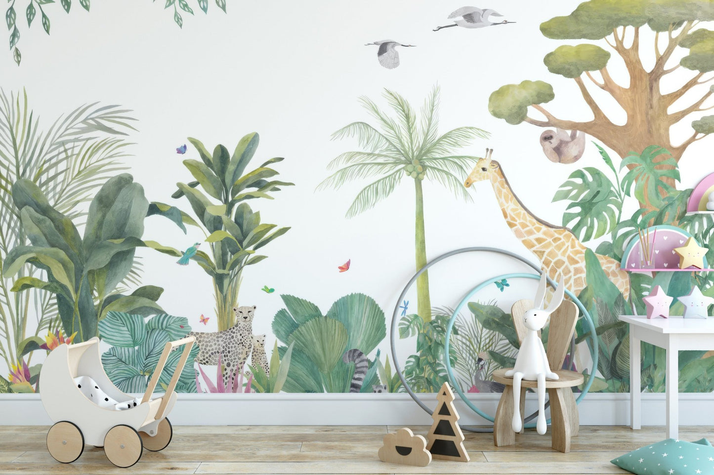 Artistic wildlife wallpaper mural with trees and birds.