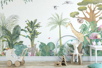 Artistic wildlife wallpaper mural with trees and birds.