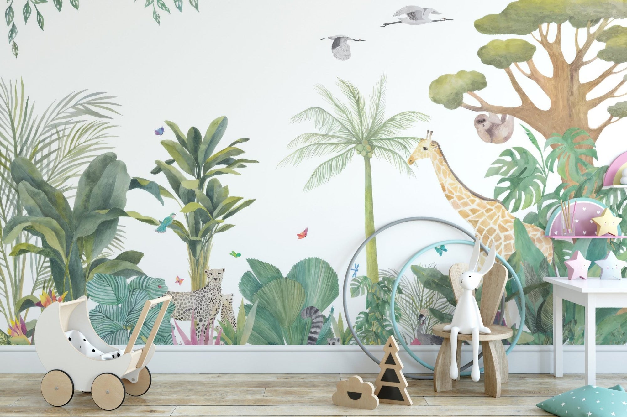 Artistic wildlife wallpaper mural with trees and birds.