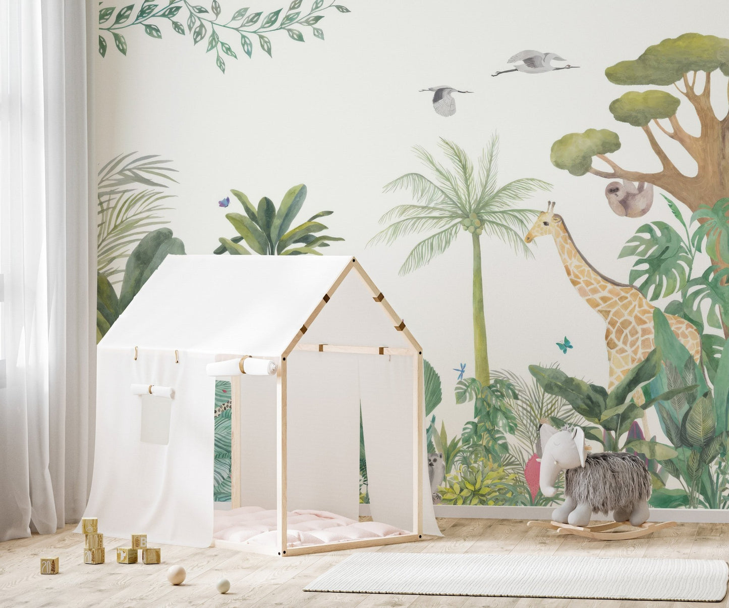 Botanical jungle wall mural with soft green foliage pattern.