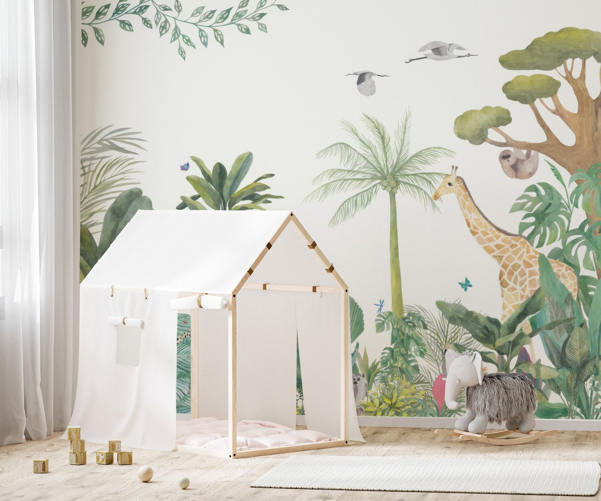 Botanical jungle wall mural with soft green foliage pattern.
