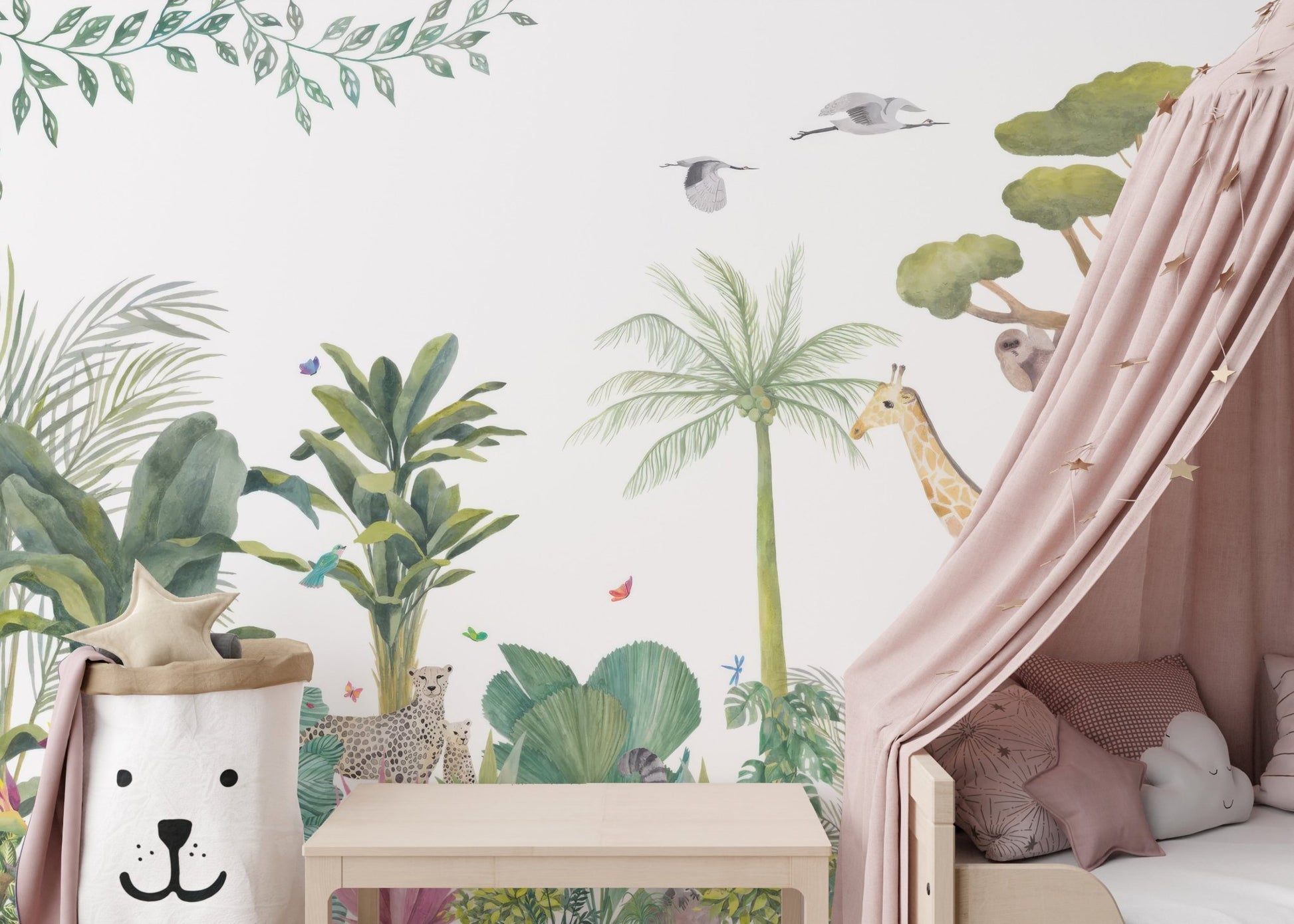 Watercolor jungle wildlife wall mural in soft green color palette.