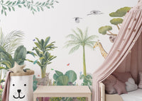 Watercolor jungle wildlife wall mural in soft green color palette.