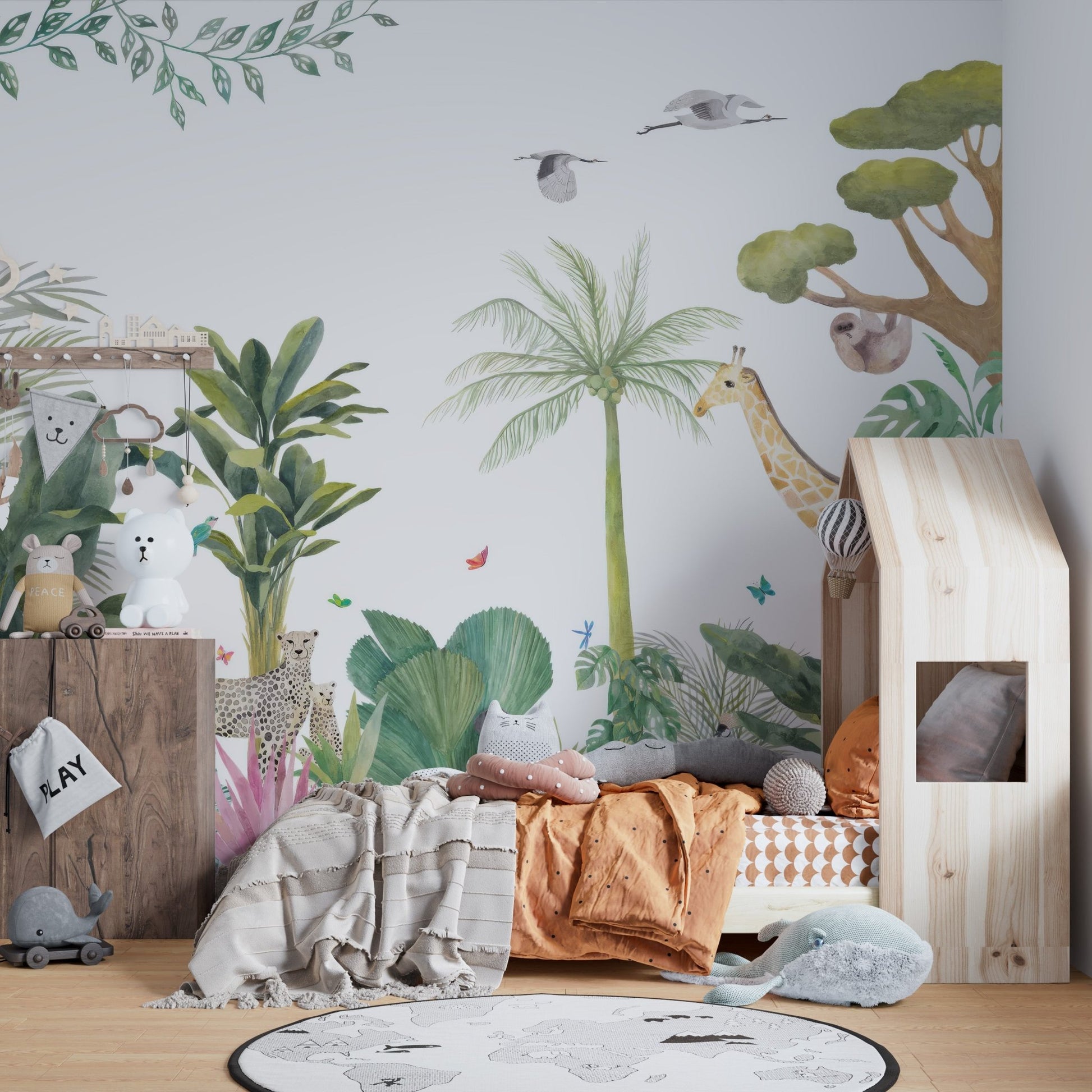 Watercolor wildlife wallpaper mural with tropical plant textures.