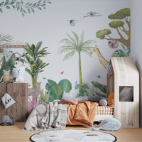 Watercolor wildlife wallpaper mural with tropical plant textures.