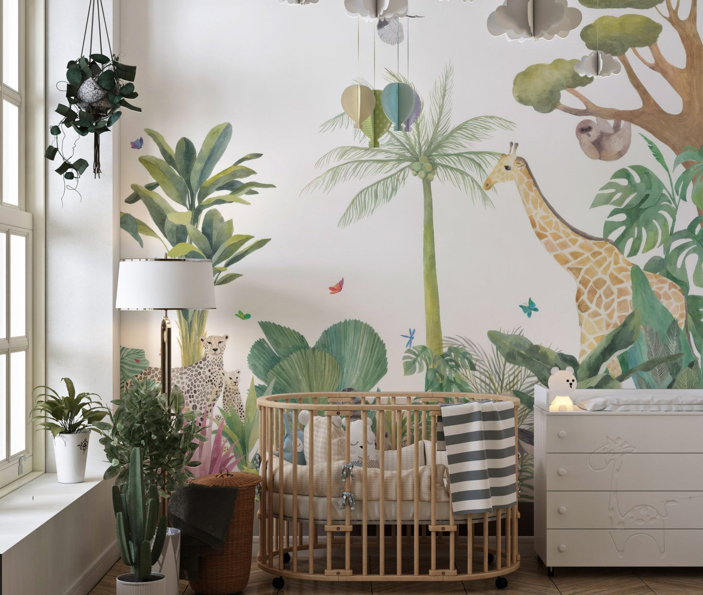 Jungle animals wallpaper mural with leopard and palm trees.