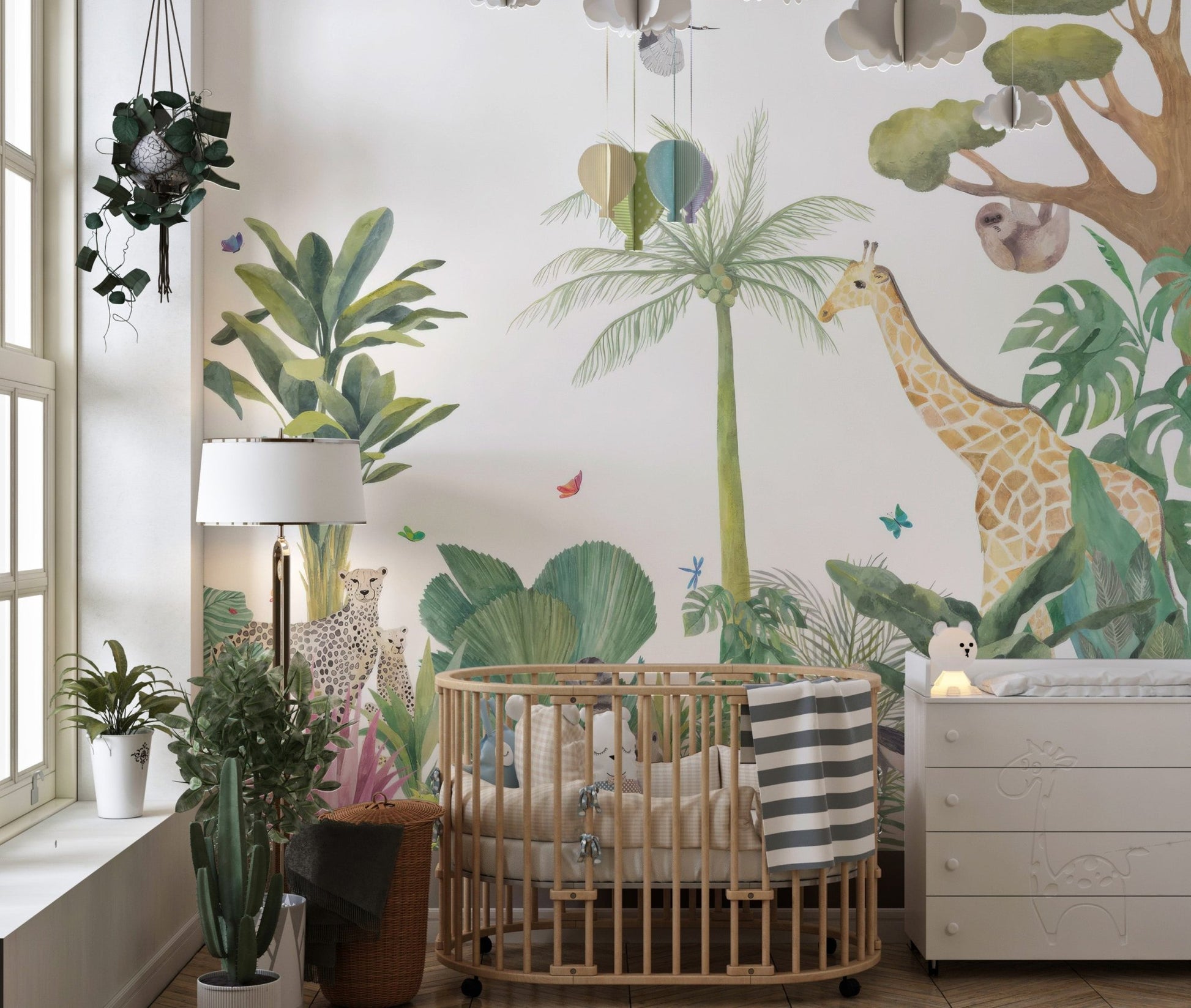 Jungle animals wallpaper mural with leopard and palm trees.