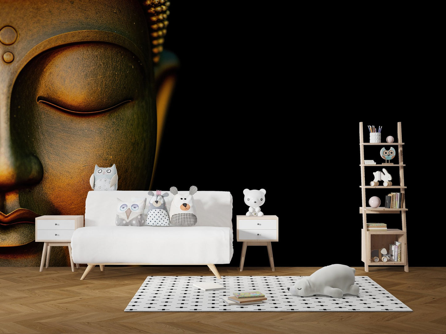 Contemporary meditation wallpaper with golden statue design wall mural.