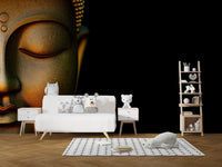 Contemporary meditation wallpaper with golden statue design wall mural.