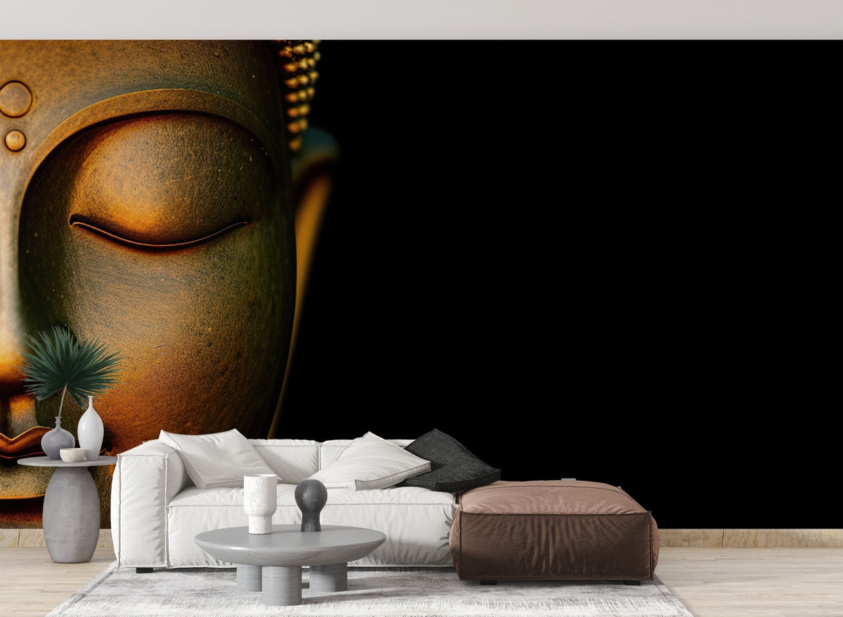 Asian inspired meditation wall mural in bronze and black color palette.