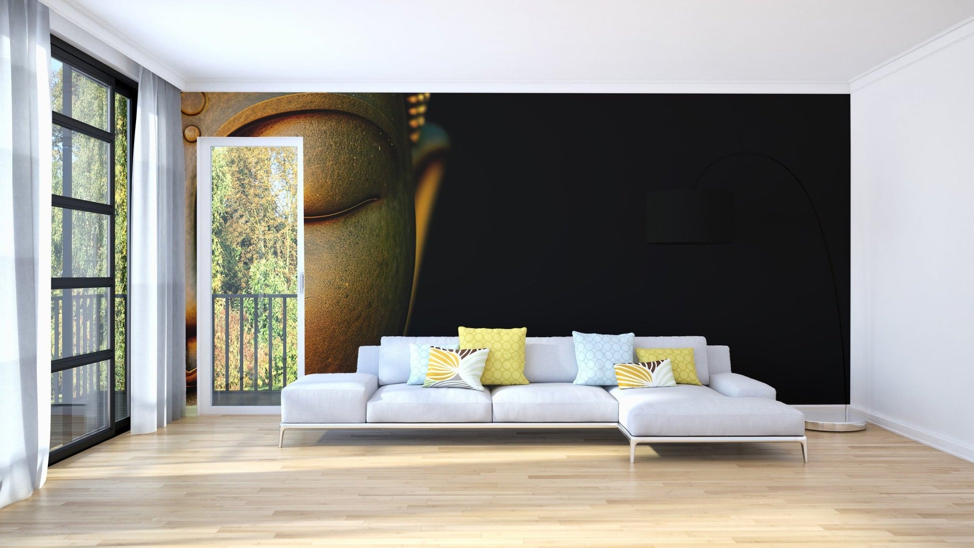 Spiritual art wall mural featuring calm Buddha expression wallpaper.