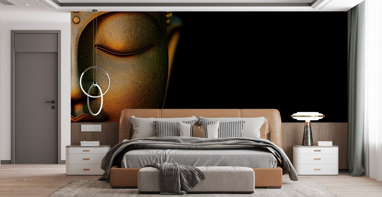 Serene meditation wall mural golden buddha wallpaper on black background.