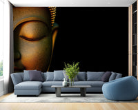 Statement buddha wall mural in rich metallic color wallpaper style.